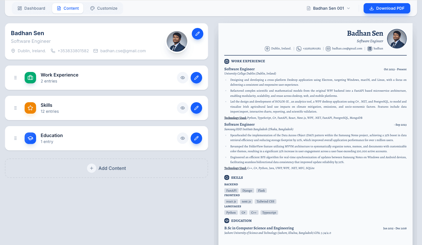 FastCV Resume Builder