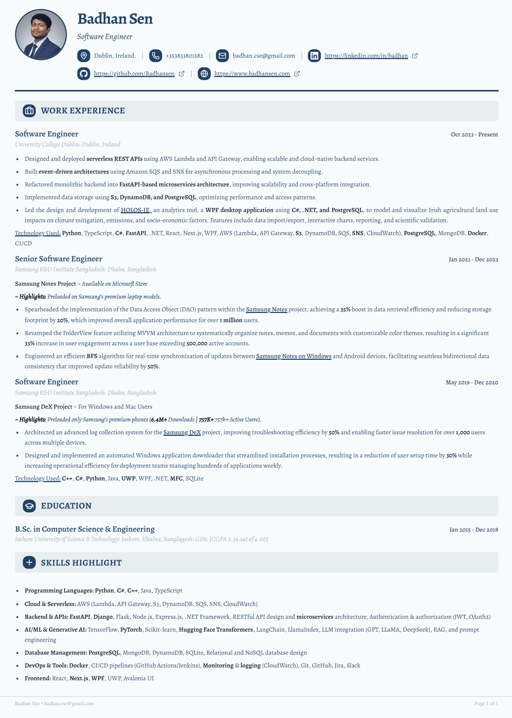 A resume exported from FastCV as a PDF, shown at A4 proportions.